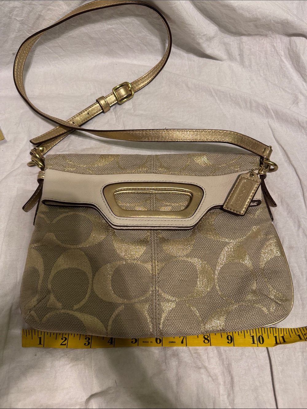 Coach Metallic Signature Canvas Crossbody in Gold and Cream